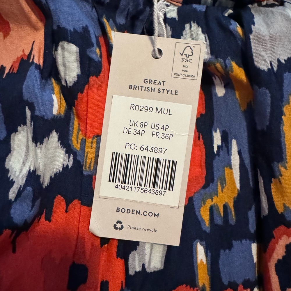 NWT Boden Tiered Poplin Midi Skirt Abstract Poppy size 4